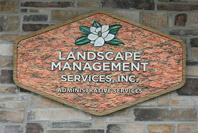 Photo Landscape Management sign - handcarved HDU with metallic background - custom business signs lake charles la - hebert signs